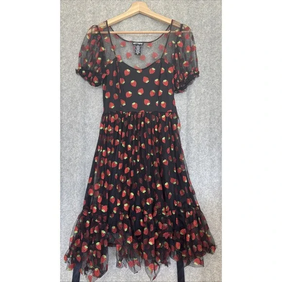 Hot Topic Strawberry Dress XS Black Red Glitter Coquette Pinup Novelty Retro - Picture 4 of 15
